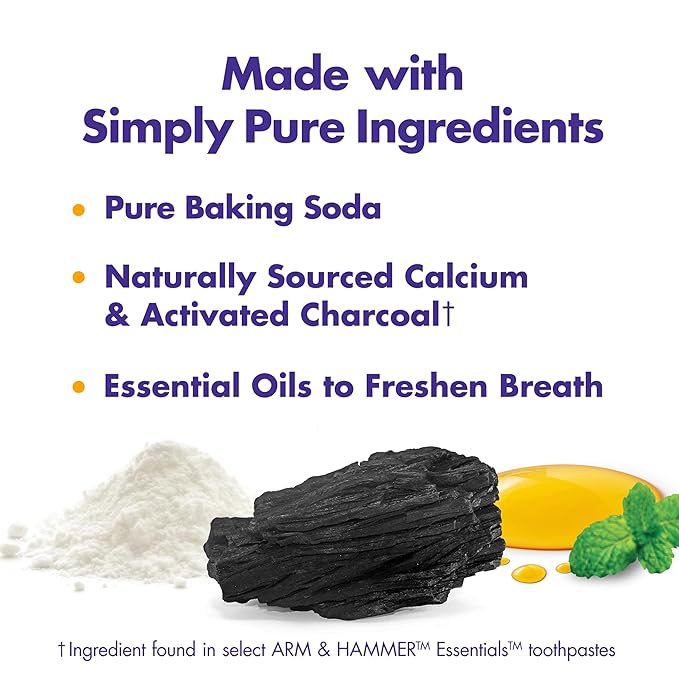 ARM & HAMMER Essentials Fluoride-Free Toothpaste, Whitening + Activated Charcoal Toothpaste, 4 Pack of 4.3oz Tubes, Clean Mint, 100% Natural Baking Soda