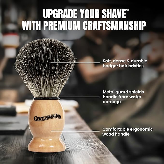 Gentleman Jon 100% Black Badger Hair Shaving Brush for Men – Premium Ergonomic Shave Lather Brush for Wet Shave Using Shaving Cream & Soap – Ideal for Safety Razor, Double Edge Razor & Straight Razors