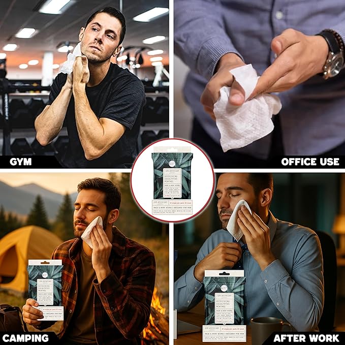 BLKSMITH Face & Body Wipes for Men - Travel Essentials With Activated Charcoal & Menthol Eucalyptus - Total 60 - Ideal Cool Gifts for Men 30x2 - Body Wipes Ideal for Gym, Office, or Outdoors, 2 Pack