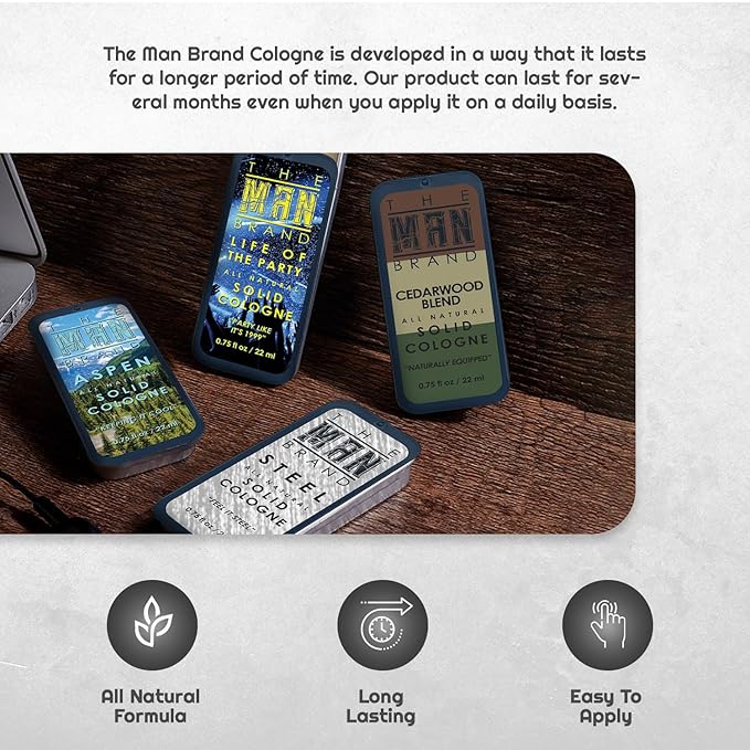 Solid Cologne Sample Set with Aspen Solid Perfume, Woodsman Solid Cologne, Steel, and Life of the Party Cologne - (Fellowship Solid Cologne Man Sampler Pack - 4 Pack - 0.75 oz each)