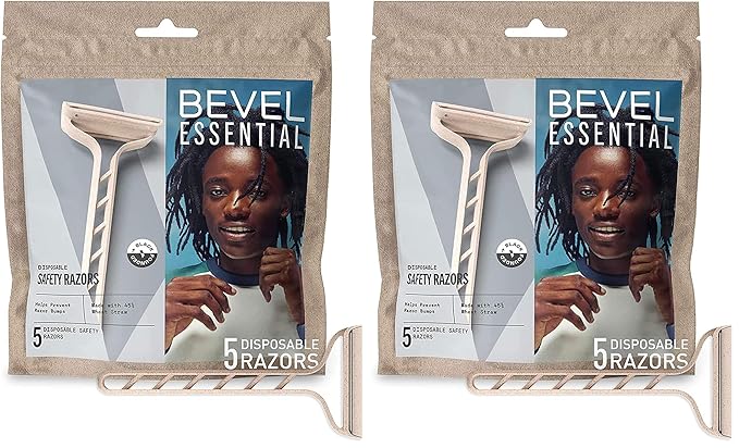 Bevel Essentials Disposable Safety Razors for Men, Double Edge Stainless Steel Blade Helps Prevent Nicks and Razor Bumps, Travel Essentials, 5 Count (Pack of 2)