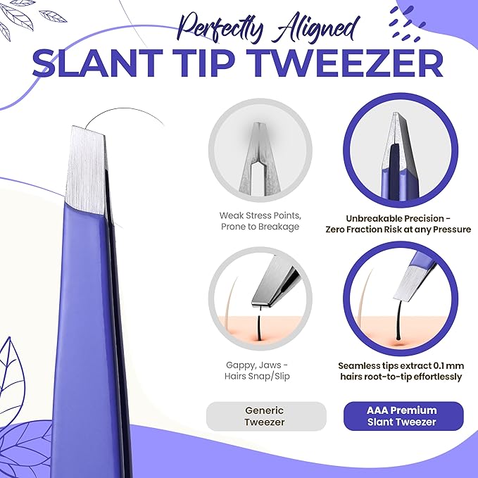 Professional Slant Tip Eyebrow Tweezers for Women & Men – Precision Hair Removal Tool – Stainless Steel Tweezers for Eyebrow Shaping, Facial Hair, Ingrown Hair & Splinter Removal (Luminous Lavender)