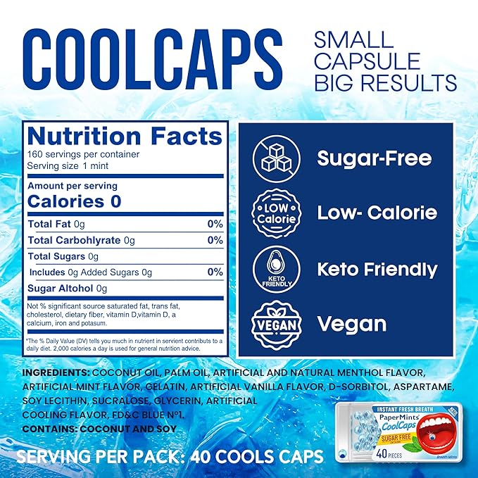 PaperMints CoolCaps Peppermint Breath Mints - Dual Action Liquid Capsules - Instant Fresh Breath Freshener, Fast-Disolves, Sugar-Free Mint Capsules 4 Pack of 40 pieces - 160 Total.