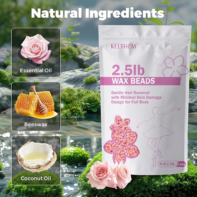 2.5lb Wax Beads, Hard Wax Beads for Coarse Hair Removal and Sensitive Skin- Waxing Beads for Women Men - Hard Wax Recommended for Full Body Bikini Brazilian Waxing (Rose)
