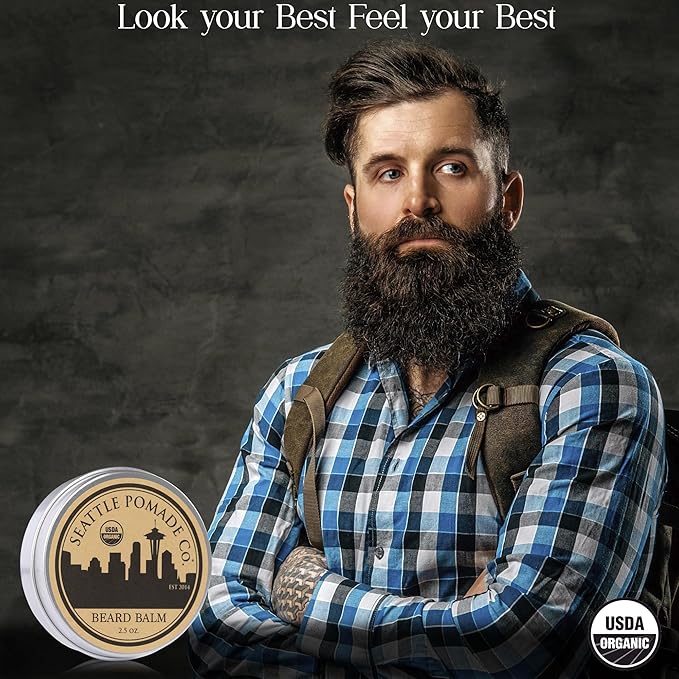 Seattle Pomade Co. Certified Organic Beard Balm made with Organic Beeswax. Strengthens & Softens Beards & Mustaches. Globally sourced certified organic materials.