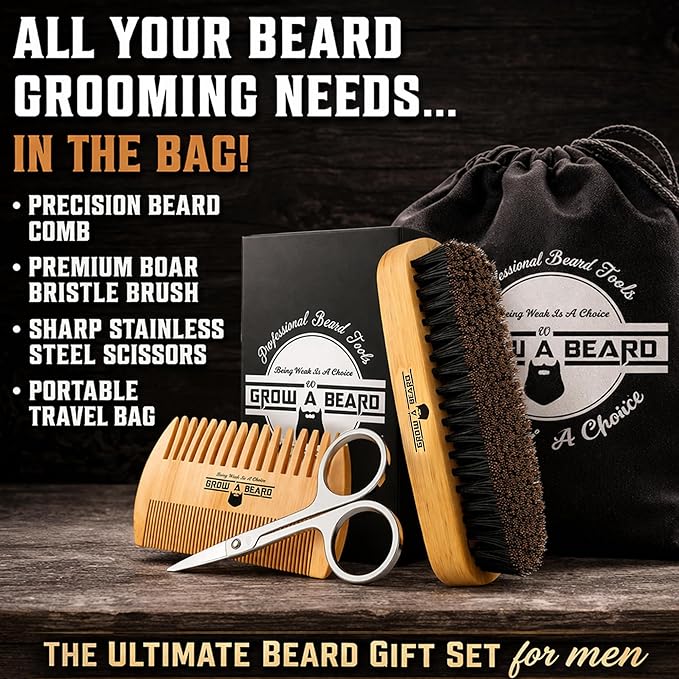 Beard Brush for Men with Beard & Mustache Comb Set, Beard Grooming & Care Kit, Natural Boar Bristle Brush, Dual Action Wood Comb, Grooming Scissors, and Travel Bag, Great Fathers Day, Dad & Men Gifts