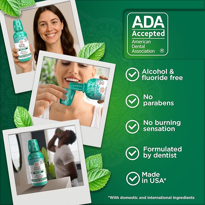 GuruNanda Fresh Breath Mouthwash, ADA-Accepted, Alcohol & Fluoride-Free, Sodium Chlorite, Essential Oils & Vitamins, 12-Hrs Fresh Breath, Wild Mint, 16 oz (Pack of 3)