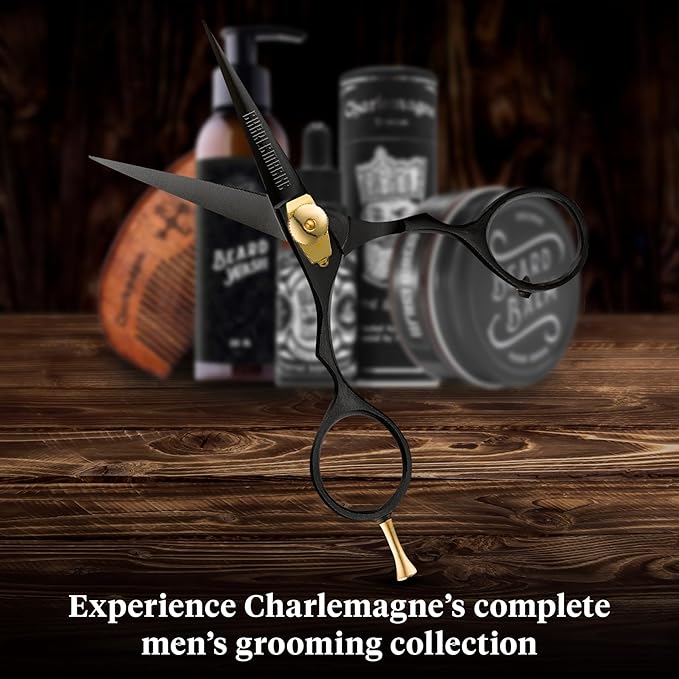 Charlemagne Hand-Forged Japanese Steel Beard & Mustache Scissors - 5.5in, Black - Precision Cutting & Beard Trimming Kit - Sharp Blades & Mustache Grooming Kit - Versatile Nose & Hair Scissors