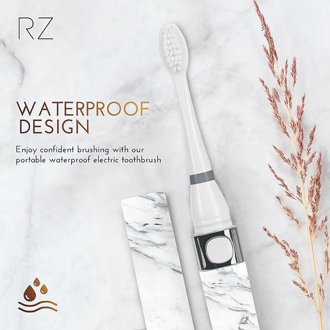 Rachel Zoe Portable Electric Toothbrush for Adults, Battery Operated Compact Sonic Tooth Brush for Trips, Waterproof Travel Toothbrush with Cover, 2 Removable Brush Heads Included, Gray