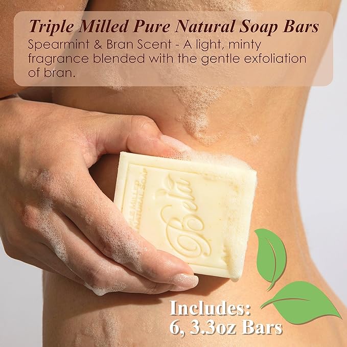 BELA Spearmint and Bran Soap 3.3 OZ (Pack of 6)- French Triple Milled Bar Soap with Organic Shea Butter, Hand, Face and Body Wash Bar, Made in Australia