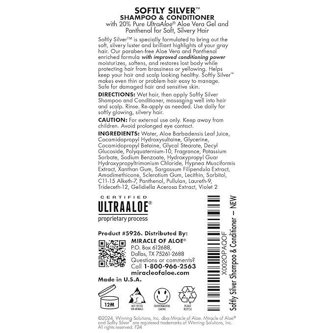 Softly Silver Shampoo Improved Conditioning formula for Gray Hair, 2 in 1 Purple Restorative Hair Wash for Mature Hair, Adds Luster, Bounce & Body, with Panthenol and 20% Pure UltraAloe