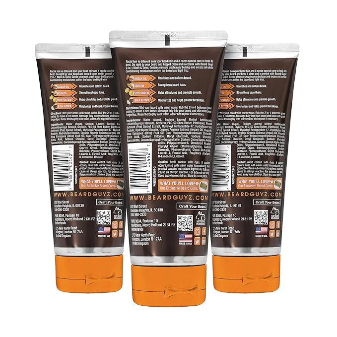 Beard Guyz 2-in-1 Beard Wash and Conditioner, Deep Cleansing Beard Shampoo for Men, Softening & Taming Formula – 6.7 oz (Pack of 3)