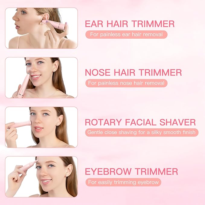 Nose Hair Trimmer for Women, 3in1 Electric Eyebrow Trimmer Waterproof Facial Hair Removal Rechargeable Hair Shaver Razor for Nose Ear Eyebrow Peach-Fuzz Lips Chin FT3001 Pink (Pink)