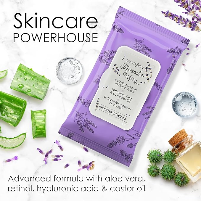 BeautyFrizz Lavender Face Wipes - 240 pcs - Gentle Makeup Remover Wipes for Women - Facial Cleansing Wipe with Aloe, Castor, Vitamin A and E - Extra Soft - Moisturizing