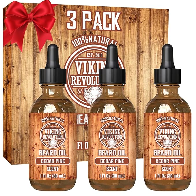 Viking Revolution Men's Beard Oil - Natural Argan and Jojoba Blend, Softens and Strengthens Facial Hair (Cedar and Pine, 3 Pack)