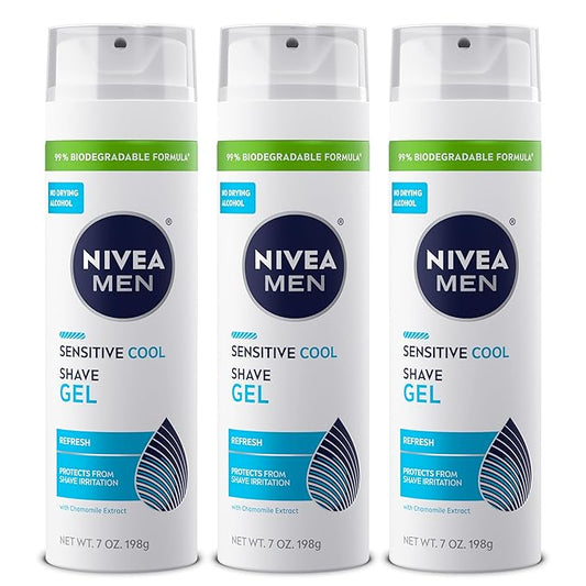 NIVEA MEN Sensitive Cool Shave Gel for Sensitive Skin, Alcohol Free Shaving Gel with Chamomile Extract, 7 Oz Can, Pack of 3