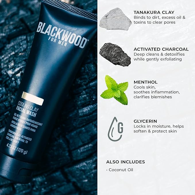Blackwood For Men Cooling Clay Face Wash - Activated Charcoal, Menthol, & Tanakura Clay Cleanser & Mask for Deep Cleansing & Acne Treatment - Sulfate Free, Paraben Free, & Cruelty Free (4.23 oz)