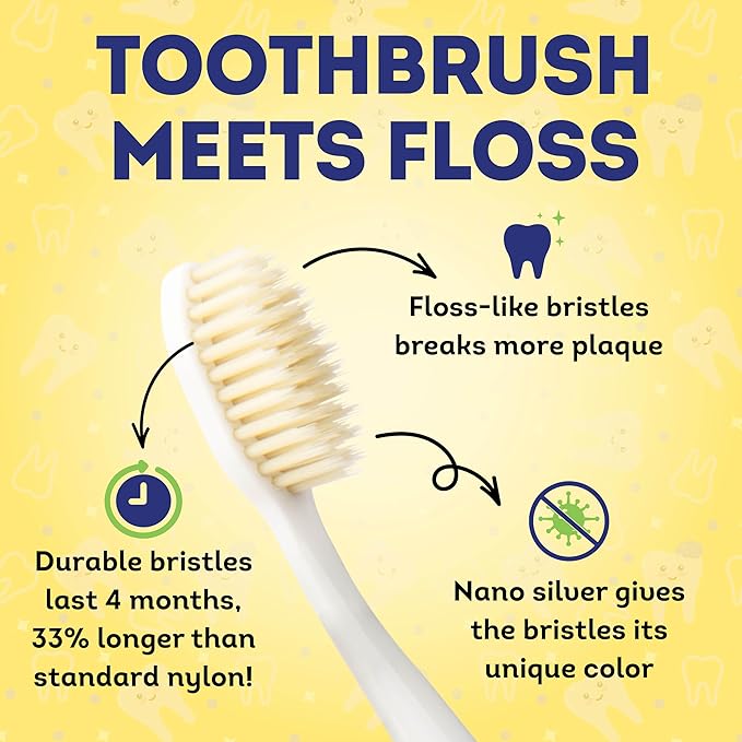 MOUTHWATCHERS Soft Childrens Flossing Manual Toothbrush, Set of 2, Yellow Toothbrushes for Kids & Teens, Ultra Clean, by Dr. Plotka's