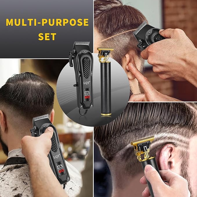 LQT® Men's Professional Hair Clippers Kit，Cordless & Corded Barber Clippers Set，Grooming Rechargeable Beard Trimmer with Adjustable Blade Black