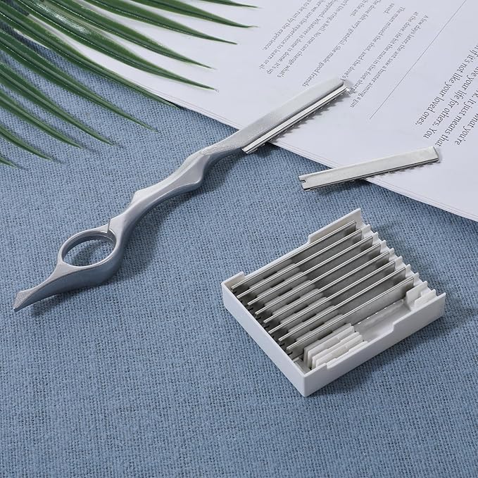 Hair Razor for Hair Cutting Stainless Steel Hairs Thinning Styling Razors with 10 Pcs Sharp Blades Suitable for Salon and Home Silver 17.5cm