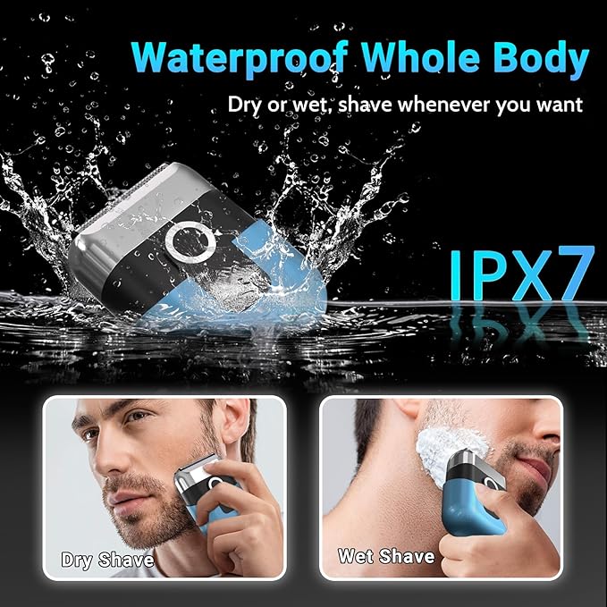 Electric Foil Shavers for Men: Mini Electric Razor, Foil Shaver for Face, IPX7 Waterproof Wet Dry Cordless Razor with 3 Floating Blades, LED Display for Travel & Home, USB Type C (Blue)