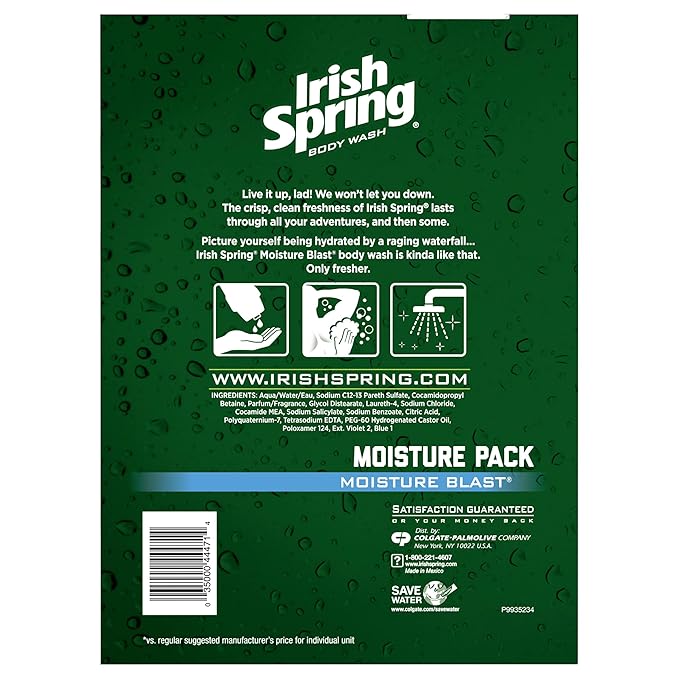 Irish Spring Moisturizing Men's Body Wash Shower Gel, Moisture Blast - 18 Fluid Ounce (2 Pack)