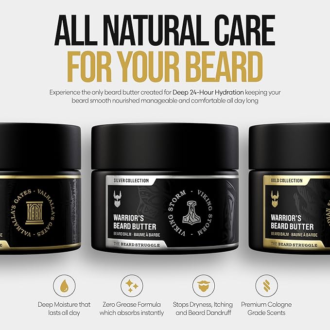The Beard Struggle Warrior’s Beard Butter Viking Storm - Silver Collection - Handcrafted with Non-Greasy Low-Hold Formula, Luxurious Cologne-Grade Fragrances - 50g / 1.76 US. oz. Warrior-Glass Jar