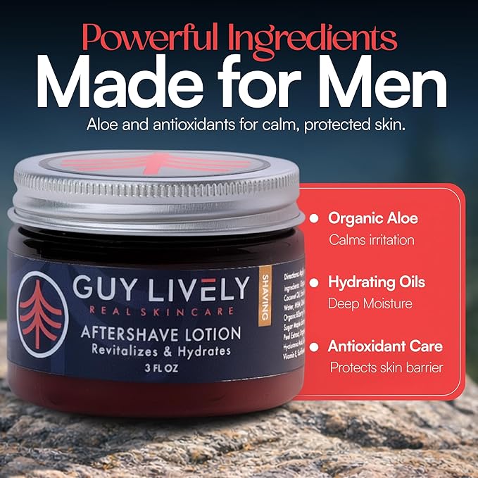 Guy Lively Men’s After Shave Lotion, Unscented Alcohol‑Free Post Shave for Sensitive Skin with Organic Aloe & Hyaluronic Acid, Hydrating Vegan Formula Reduces Razor Burn, Redness & Irritation, 3 fl oz