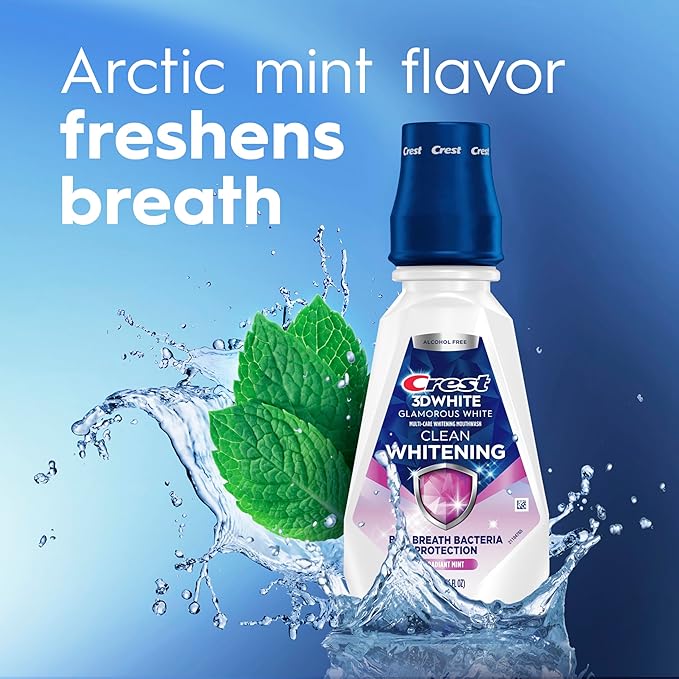 Crest 3D White Glamorous White Alcohol Free Multi-Care Whitening-Mouthwash, Hydrogen Peroxide-Mouthwash, Arctic Mint, 16 fl oz (473 mL), CrestMouthwash,(Pack of 8)