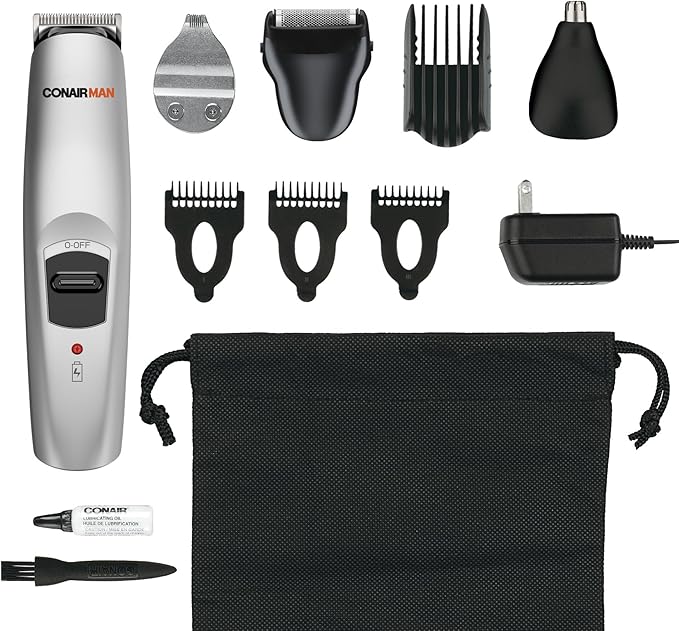 ConairMAN All-in-One Beard Trimmer for Men for Face, Nose and Ear Hair Trimmer, 12 piece Men's Grooming Kit, Cordless/Rechargeable