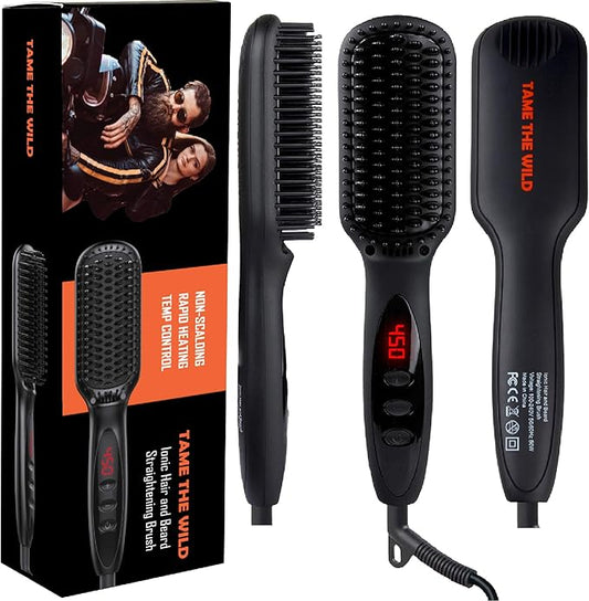 Tame The Wild Pro Beard Straightener for Men - Premium Heated Beard Brush - Anti-Scald Ionic Generator - 12 Temp Settings - LED Display - for Beards Over 2" Long