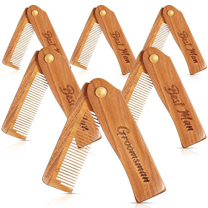 6 Pcs Groomsmen Gifts Folding Beard Comb for Men with Opener Groomsmen Gift Set of 6 Best Man Proposal Gift Combs Hair Mustache for Wedding Party Favor Grooming Detangling(Wooden,Wood Color)