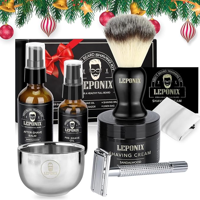 Shaving Kit for Men - Secret Santa Gift Set, Includes Safety Razor, Sandalwood Shaving Cream, Aftershave, Pre-shave Oil, Brush, Bowl & Apron Bib - Christmas Gifts for Him Husband Dad Stocking Stuffers