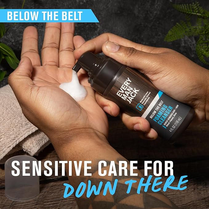 Every Man Jack Mens Foaming Groin Wash - Gentle Cleanser for Below The Belt - Made w/ Naturally Derived Ingredients like Witch Hazel & Aloe Vera - 4 Fl Oz (1 Pack)
