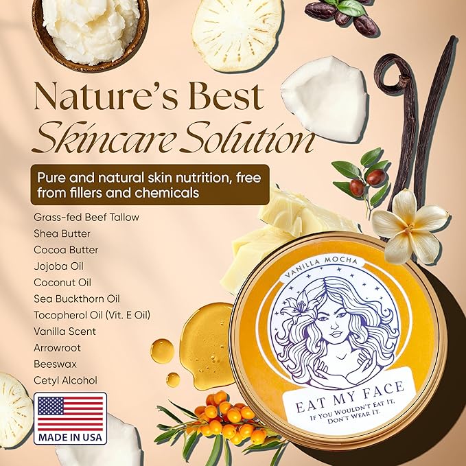 Eat My Face Quick Absorb Beef Tallow Face Moisturizer – 4.0 fl Oz, Non-Greasy Grass Fed Pure Beef Tallow for Skin | Face, Neck & Body - Natural Vanilla Scent Moisturizer | All Skin Types, Made in USA