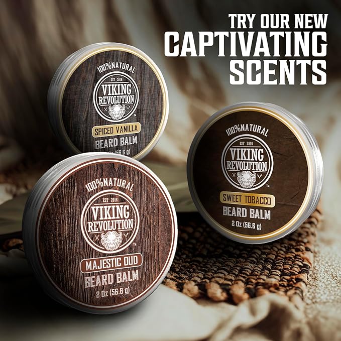 Viking Revolution Sweet Tobacco Beard Balm - Tobacco Scented Beard Butter with Argan Oil & Jojoba Oil - Softens and Moisturizes Beards for Men (2oz, 1 Pack)