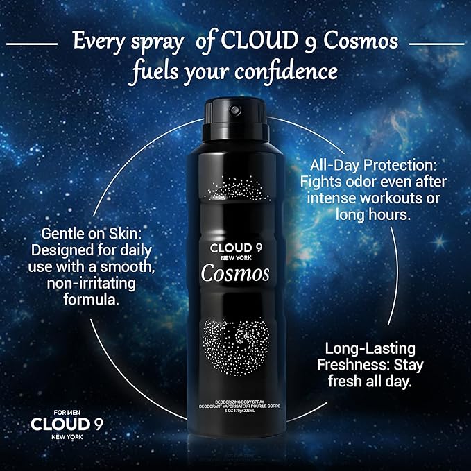 Cloud 9 Cosmos Deo Body Spray for Men 7.64 fl oz – Long Lasting Fresh & Earthy Scent with Lemon, Bergamot, Lavender – Ideal For Work,Travel, Social Events,Gym & Outdoor Activities - All Day Freshness