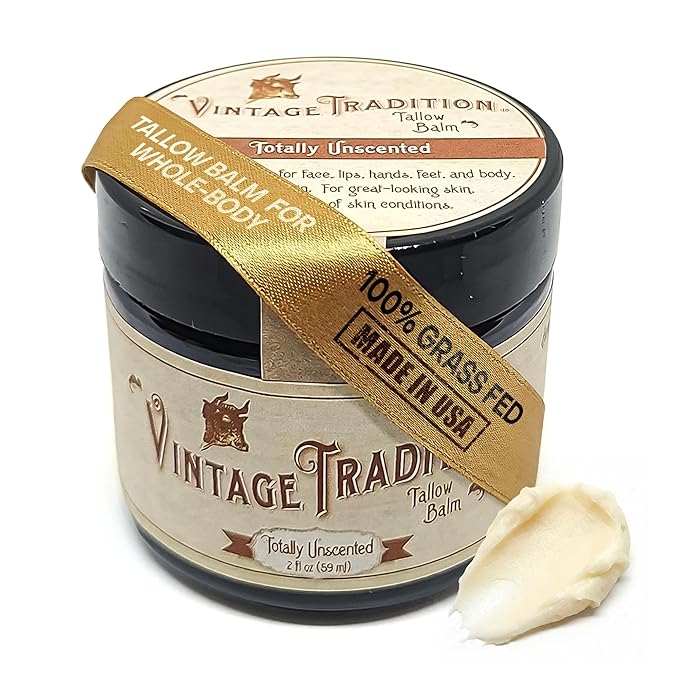 Vintage Tradition Beef Tallow Balm for Skin Care - Unscented, All Purpose Balm for Sensitive Skin Heals and Hydrates with Olive Oil + Tallow from Grass-Fed Cows - Beef Tallow for Skin, 2 fl. oz.