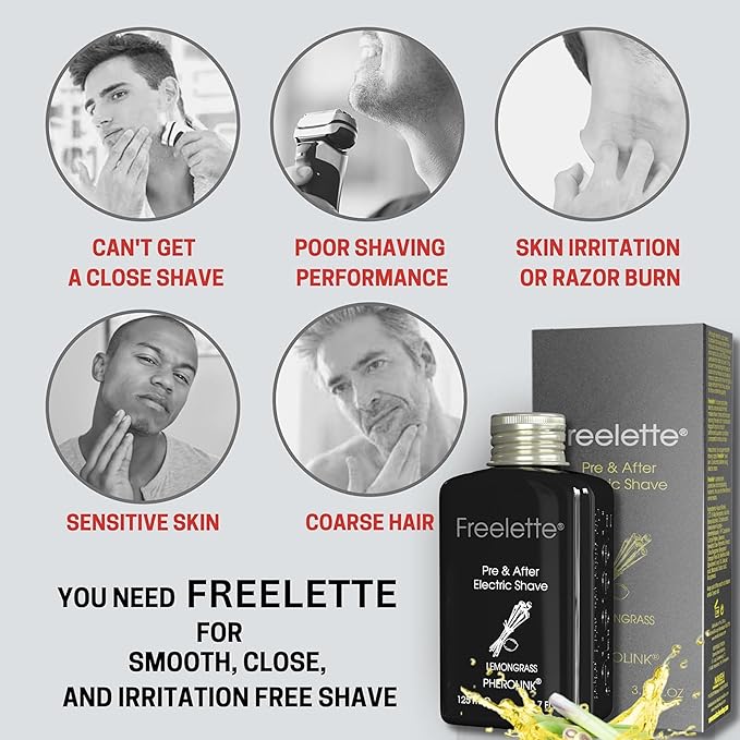 Pre Electric Shave After Shave Lotion Cream - Best For Close Shave - Smooth Irritation-Free Shaving - Shooting and Mousturising Formula Balm. Freelette. Pherolink 3.76 Ounce (Pack of 1), LEMONGRASS