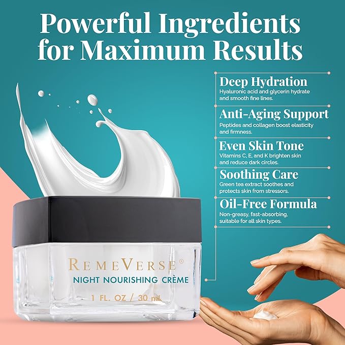 RemeVerse Night Nourishing Crème - Skin-Renewing Face Moisturizer for Women & Men, Hydrating Formula with Hyaluronic Acid, Peptides, Collagen & Glycerin for All Skin Types - Nourishing Facial Cream