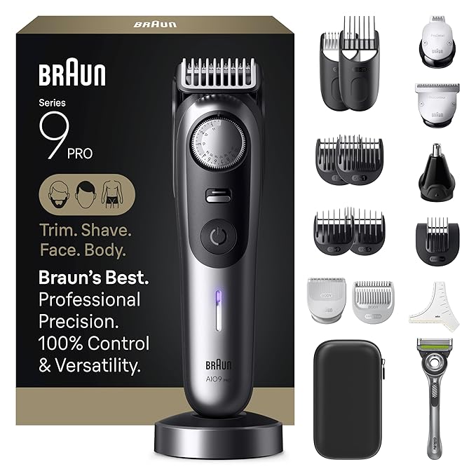 Braun All-in-One Men's Shaving Kit Series 9 AIO 9570, Beard, Face, Nose, Ear Trimmer, Hair Clippers, Body Groomer and Manscaping