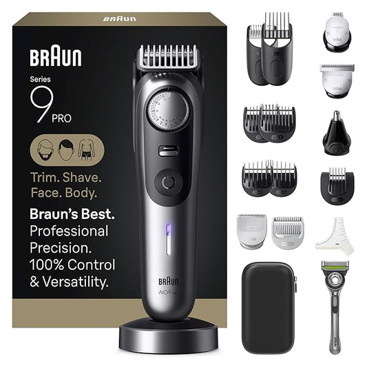 Braun All-in-One Men's Shaving Kit Series 9 AIO 9570, Beard, Face, Nose, Ear Trimmer, Hair Clippers, Body Groomer and Manscaping