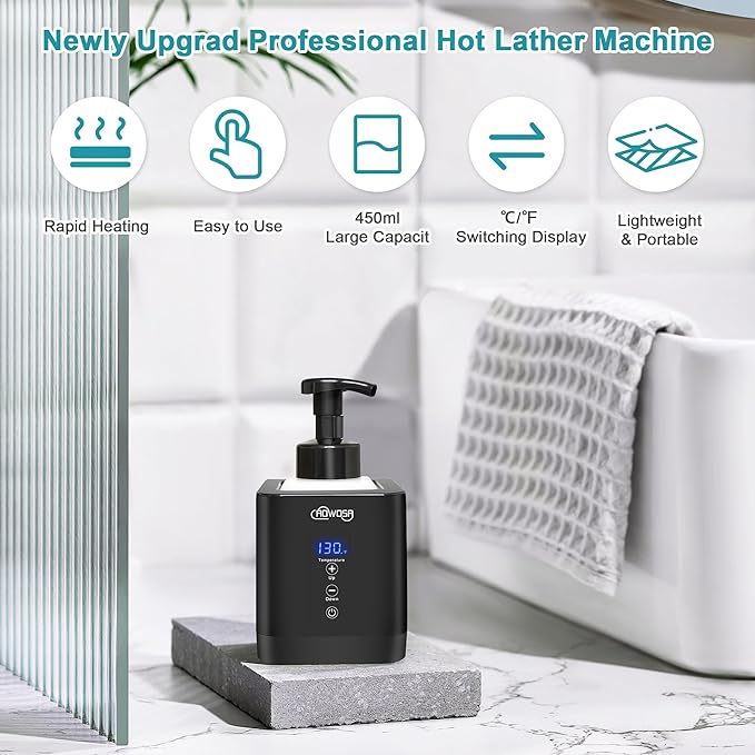 Hot Lather Machine for Shaving, Professional Lather Maker for Men Face Shaving, Large Capacity Shaving Foam Machine for Home Use Salon Barber Shop, with 2 Foam Bottle, ℃/℉ Switchable Display