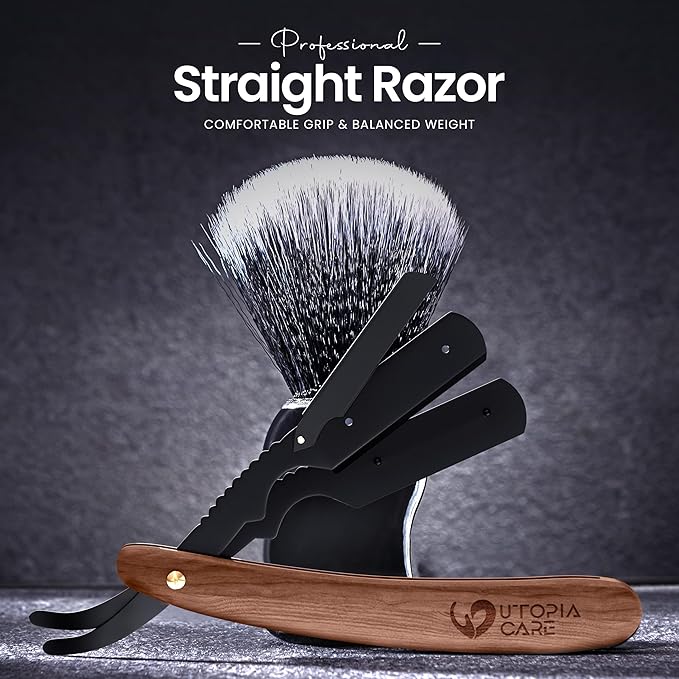 Utopia Care Straight Razors For Men, Professional Barber Straight Edge Razor with 100 Single Edge Blades, Stainless Steel, Beard Shaving Kit For Men, Premium Smooth Natural Wooden Grip, Dark Brown