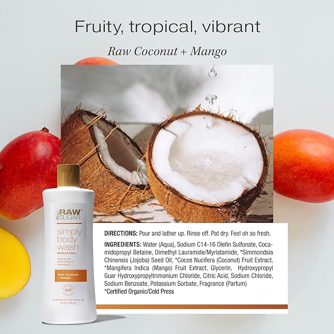 RAW SUGAR Simply Body Wash, (25 Fl Oz, Pack of 1) Bath Soap, Formulated without Sulfates & Parabens (Raw Coconut + Mango)