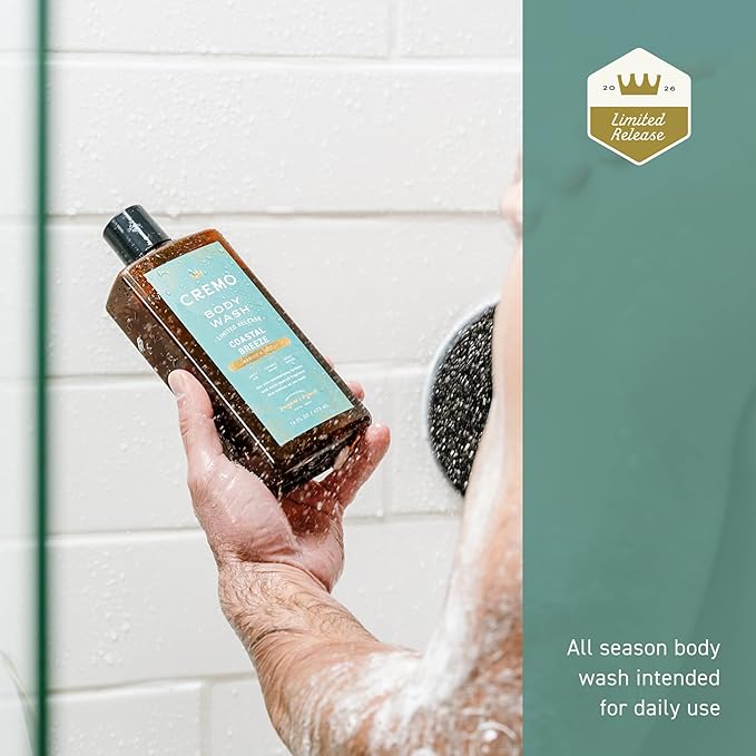 Cremo Rich-Lathering Coastal Breeze Body Wash Men, Notes of Salty Air, Coconut Water, and Mossy Woods, 16 Fl Oz