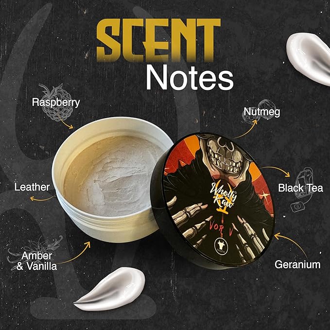 Vor V Tallow Shaving Soap. Enriched with Donkey Milk, Water Buffalo Milk, Whey Proteins, Omega 3, Omega 6, Hops Extract. Scent of Leather, Raspberry, Geranium, Vanilla, Cashmeran