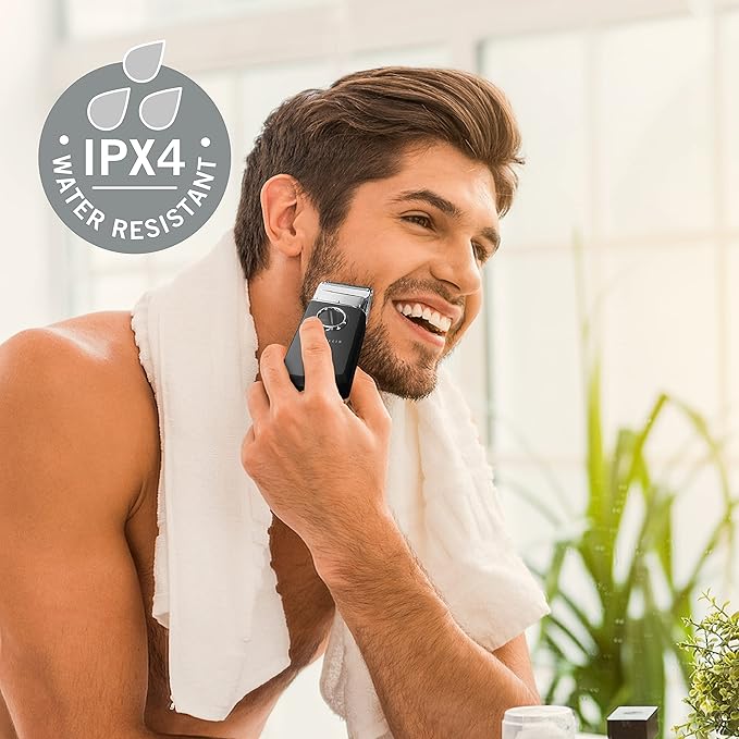 Perry Ellis Travel Electric Shaver, Face Shaver for Mustache and Beard Stubble, Rechargeable and Water-Resistant Foil Shaver, 2 1/2-Hour Battery Capacity, Black, Silver