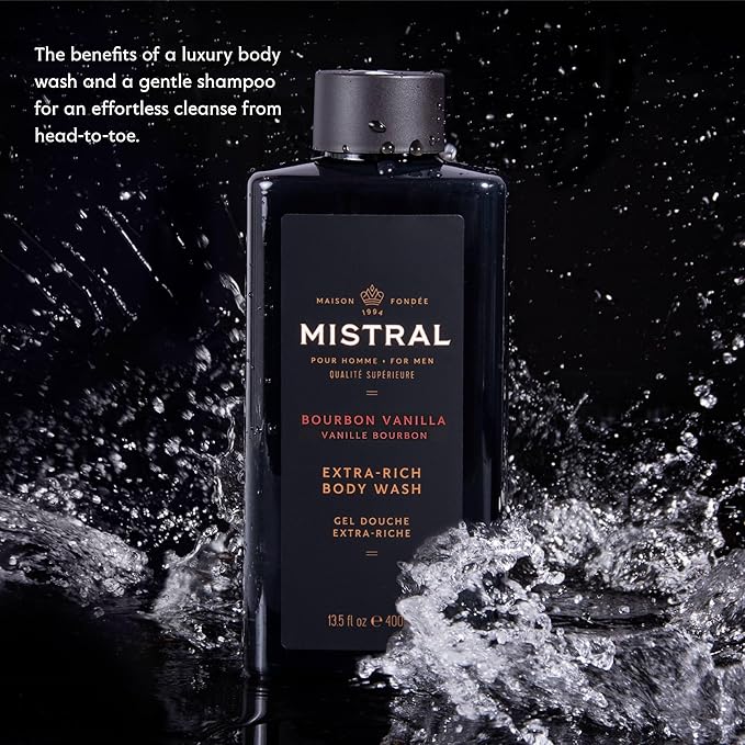 Mistral Men's Body Wash & Shampoo, Bourbon Vanilla 13.5 oz | 2-in-1 Natural Shower Gel for Men | SLS, Paraben & Phthalate Free | Natural Men’s Body Wash, Moisturizing Bath Gel - Made in France