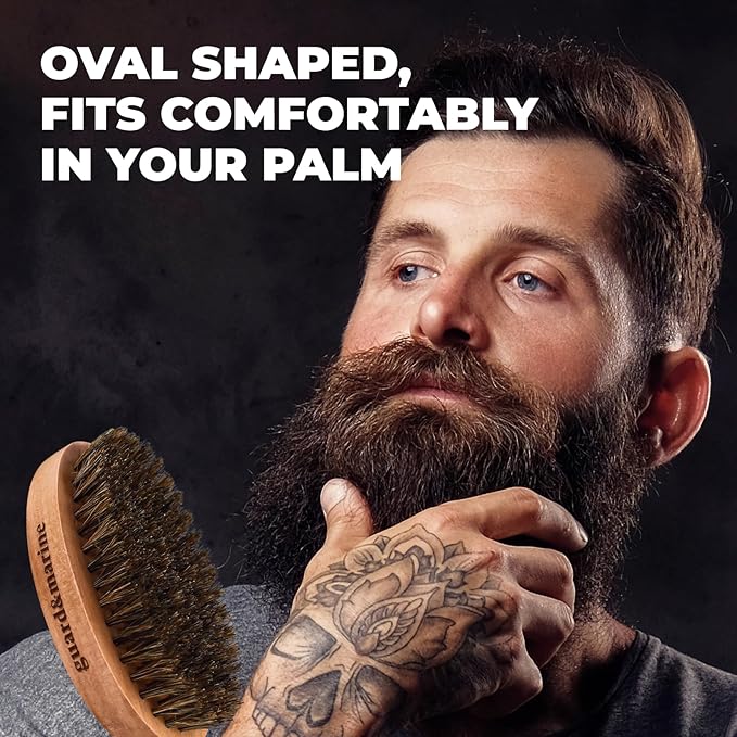 GUARD&MARINE 100% Boar Bristle Beard Brush for Men – Medium Firm Military Style Brush for Short Beard, Mustache & Waves – Natural Wooden Handle Grooming Brush
